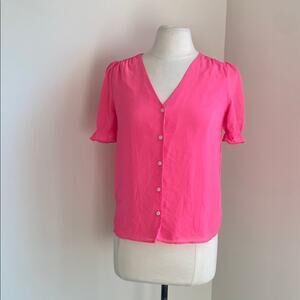 J. CREW V-Neck Button Down Womens Sz  XXS Hot Pink Gauze Short Sleeve